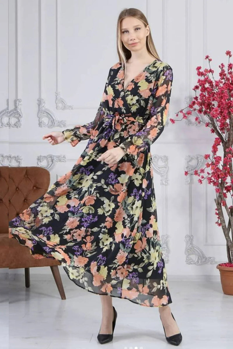Women's Black Renkli Floral Wrap Neck Chiffon Dress