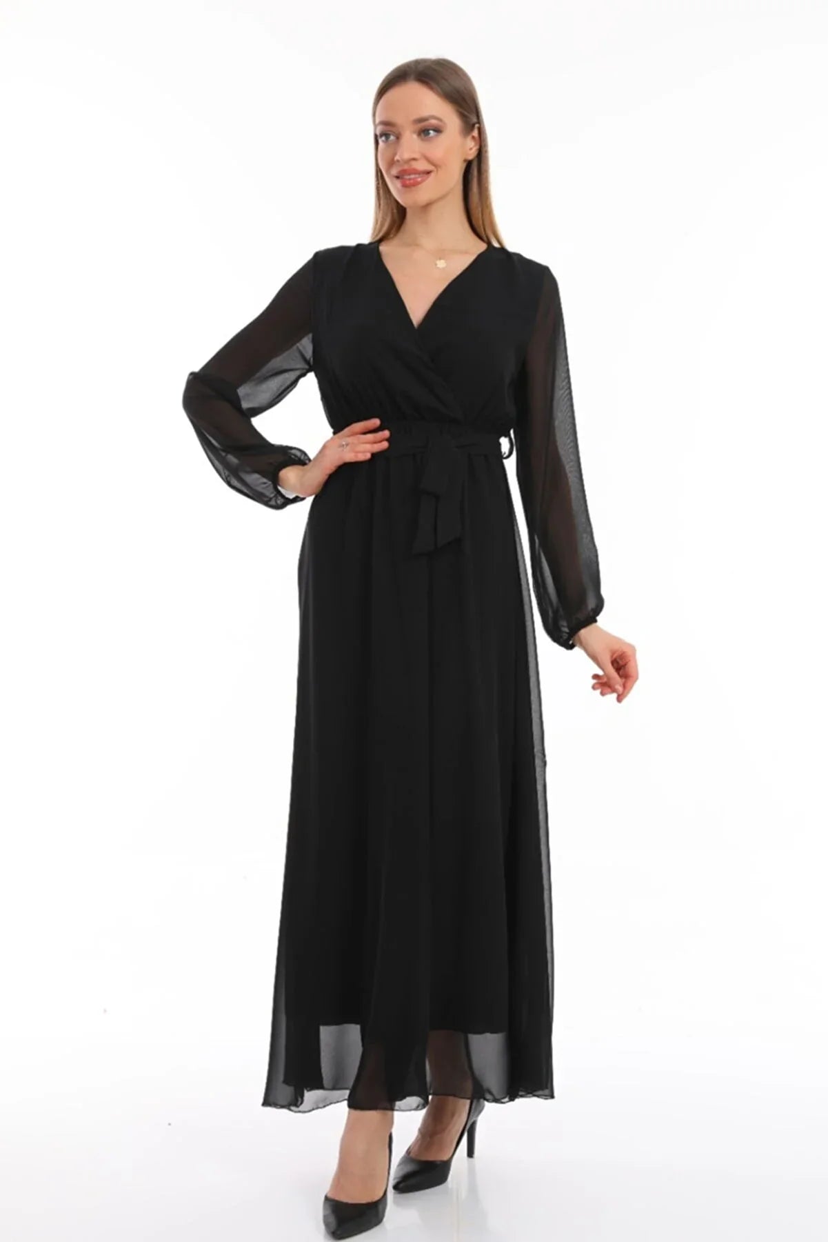 Women's Black Wrap Neck Belted Plus Size Chiffon Maxi Dress