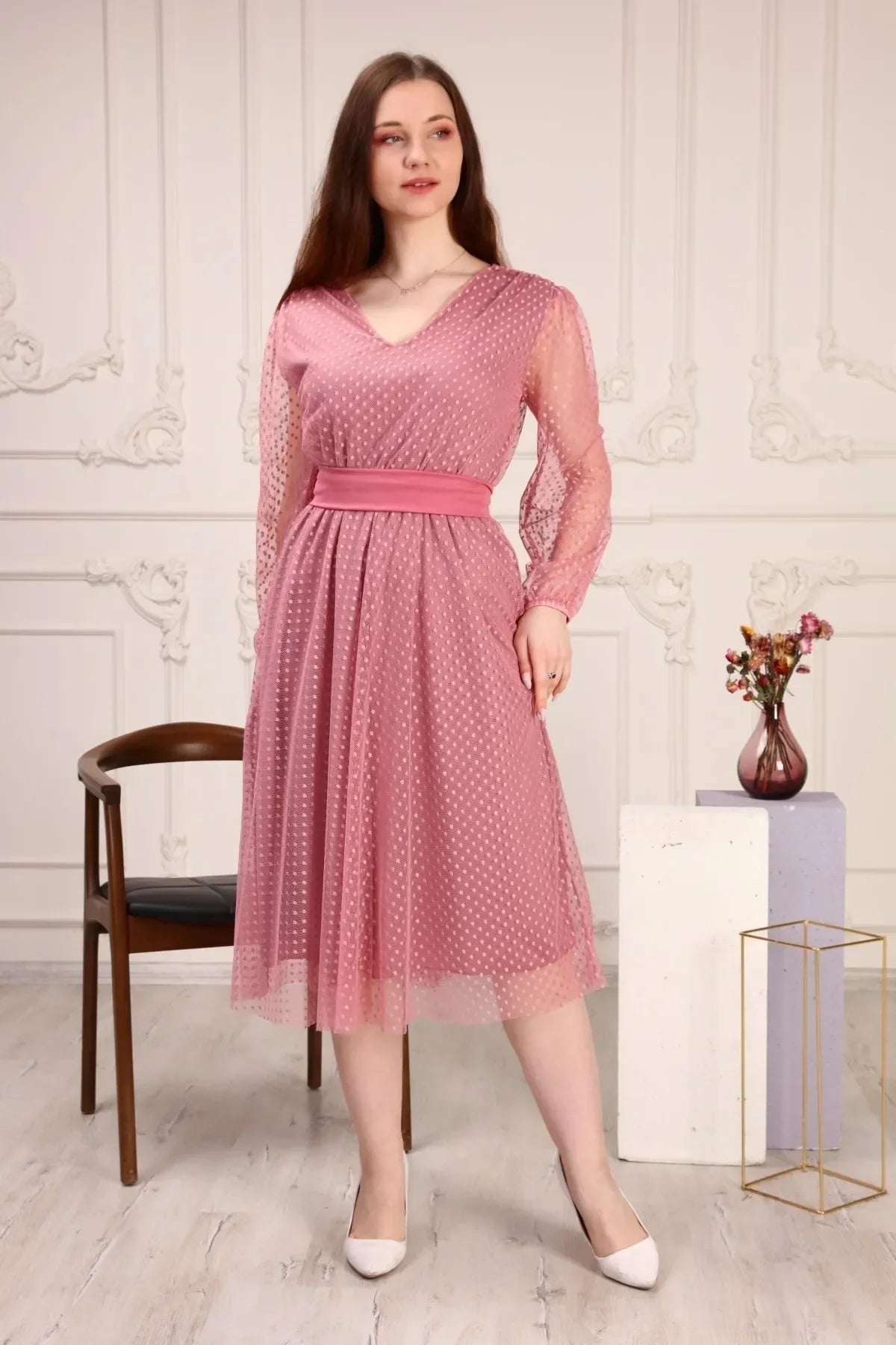 Women's Powder Pink Puantiyeli Belted Tütü Plus Size Dress