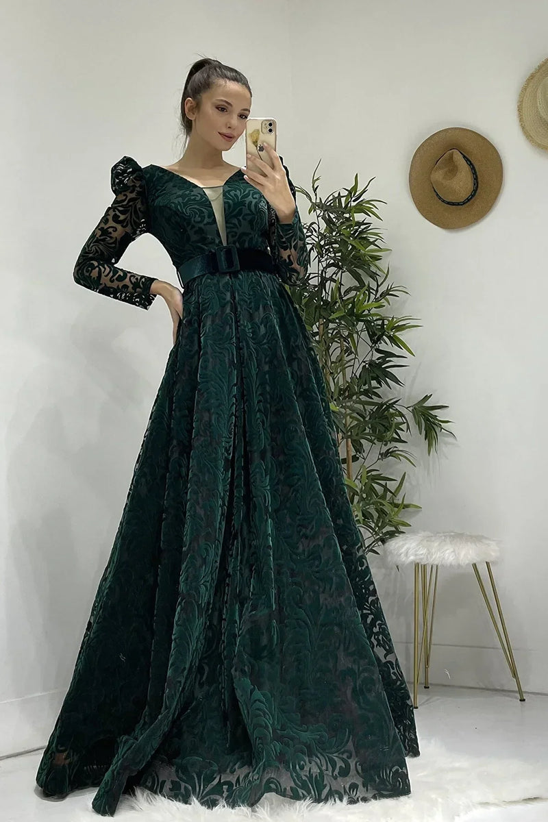 Women's Emerald Green Flocked Print Belted Plus Size Evening Gown