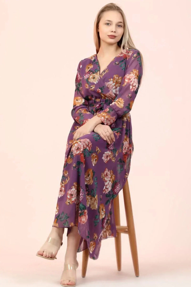Women's Purple Floral Wrap Neck Chiffon Plus Size Dress