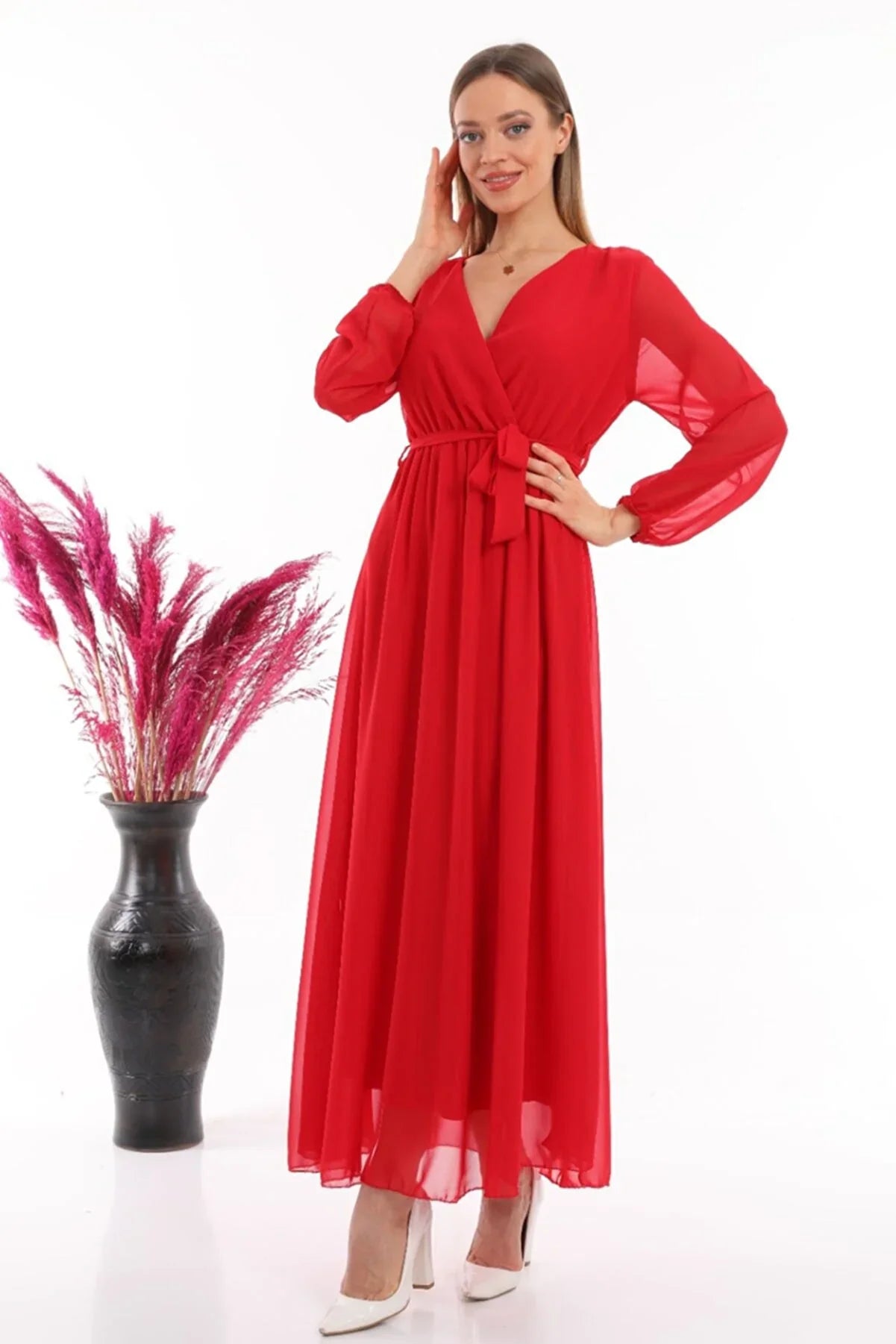 Women's Red Wrap Neck Belted Plus Size Chiffon Maxi Dress