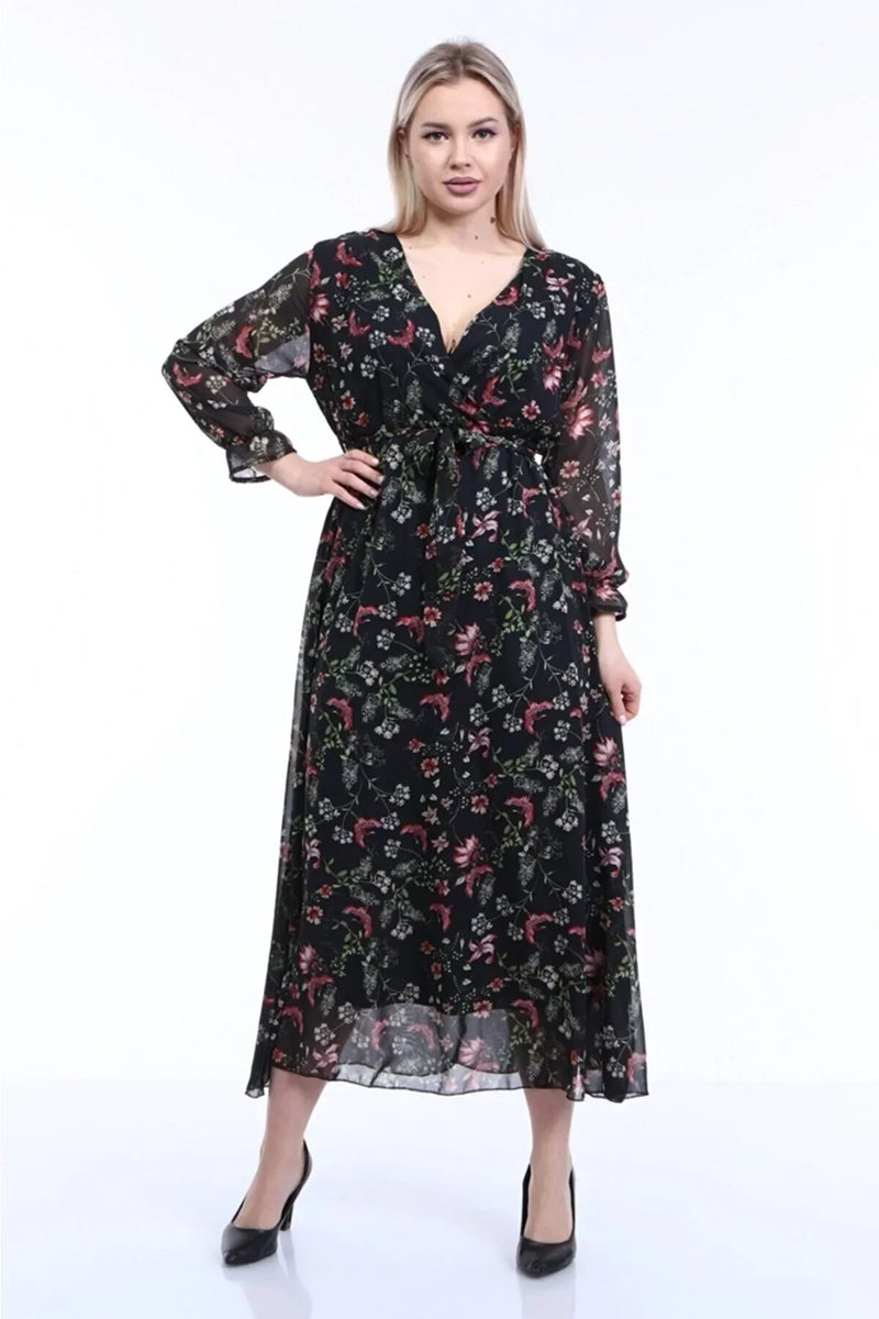 Women's Black Floral Wrap Neck Chiffon Dress
