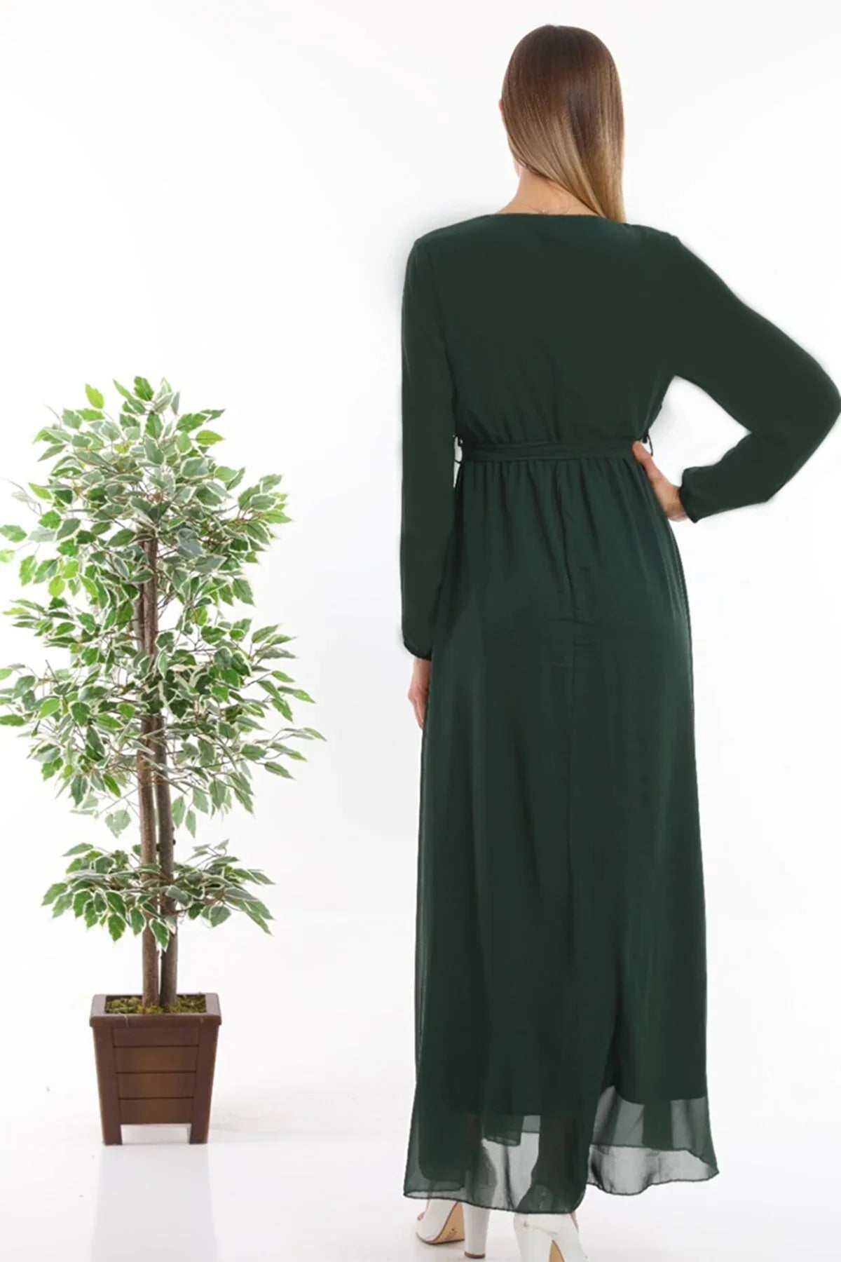 Women's Green Tesettür Lined Plus Size Chiffon Dress