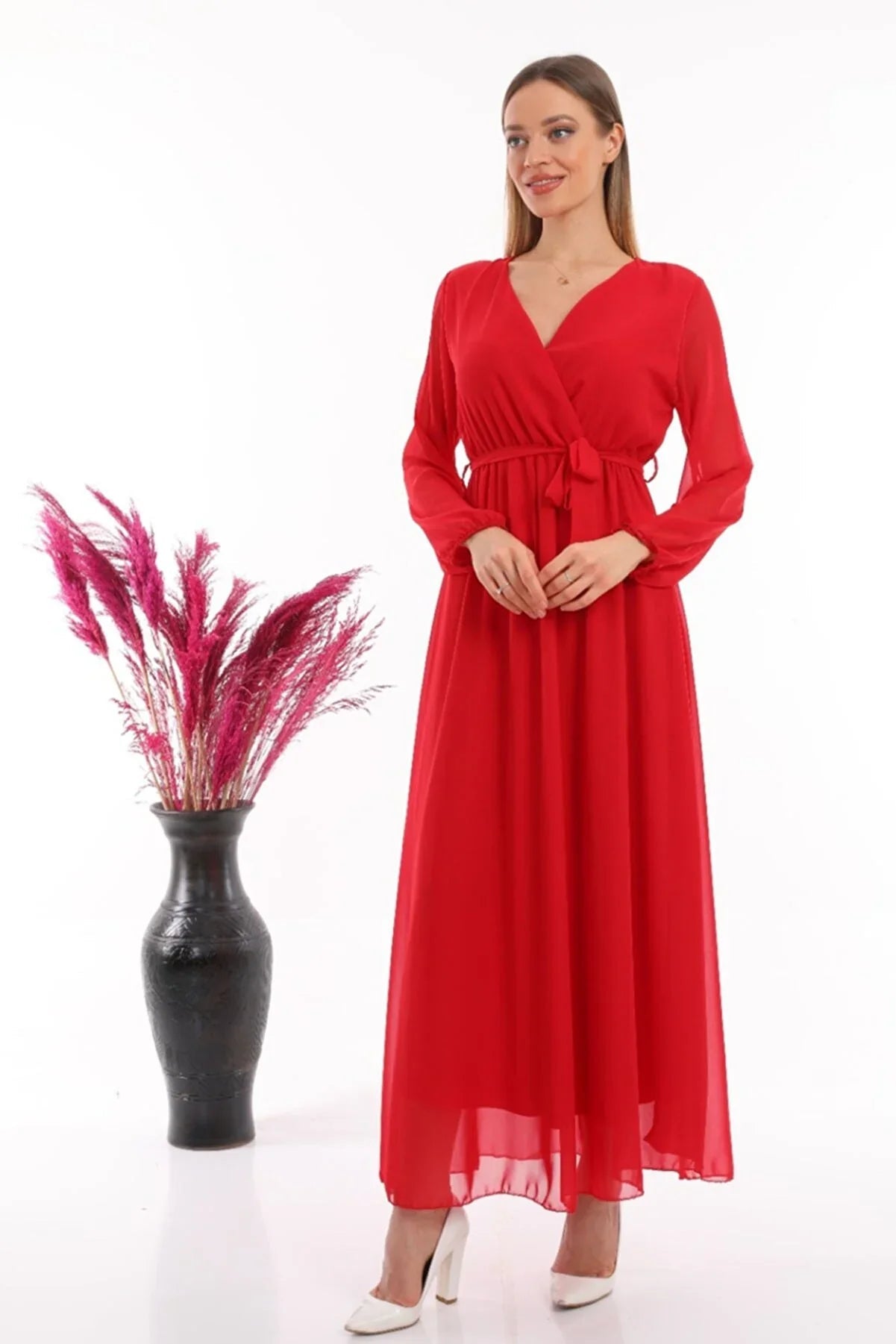 Women's Red Wrap Neck Belted Plus Size Chiffon Maxi Dress