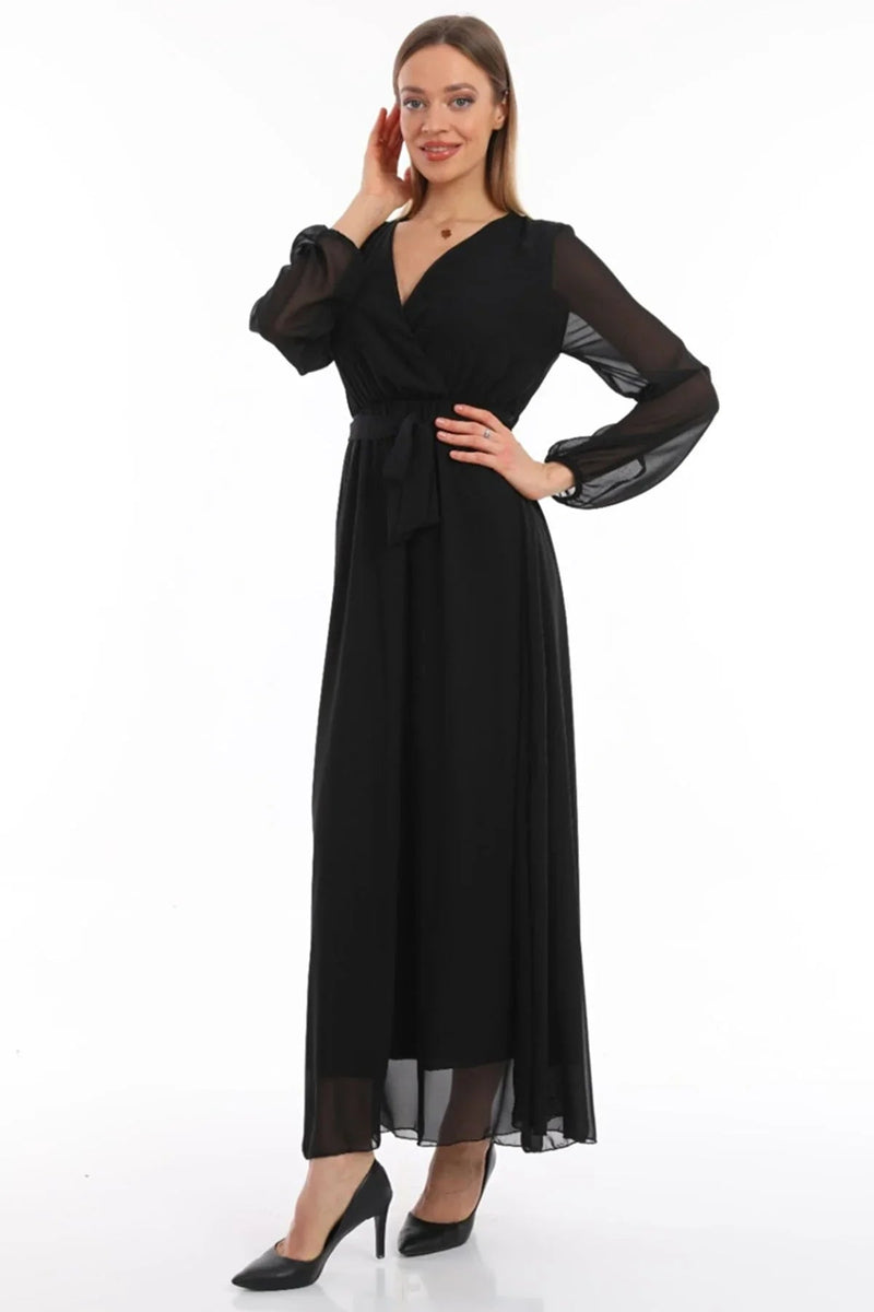 Women's Black Wrap Neck Belted Plus Size Chiffon Maxi Dress