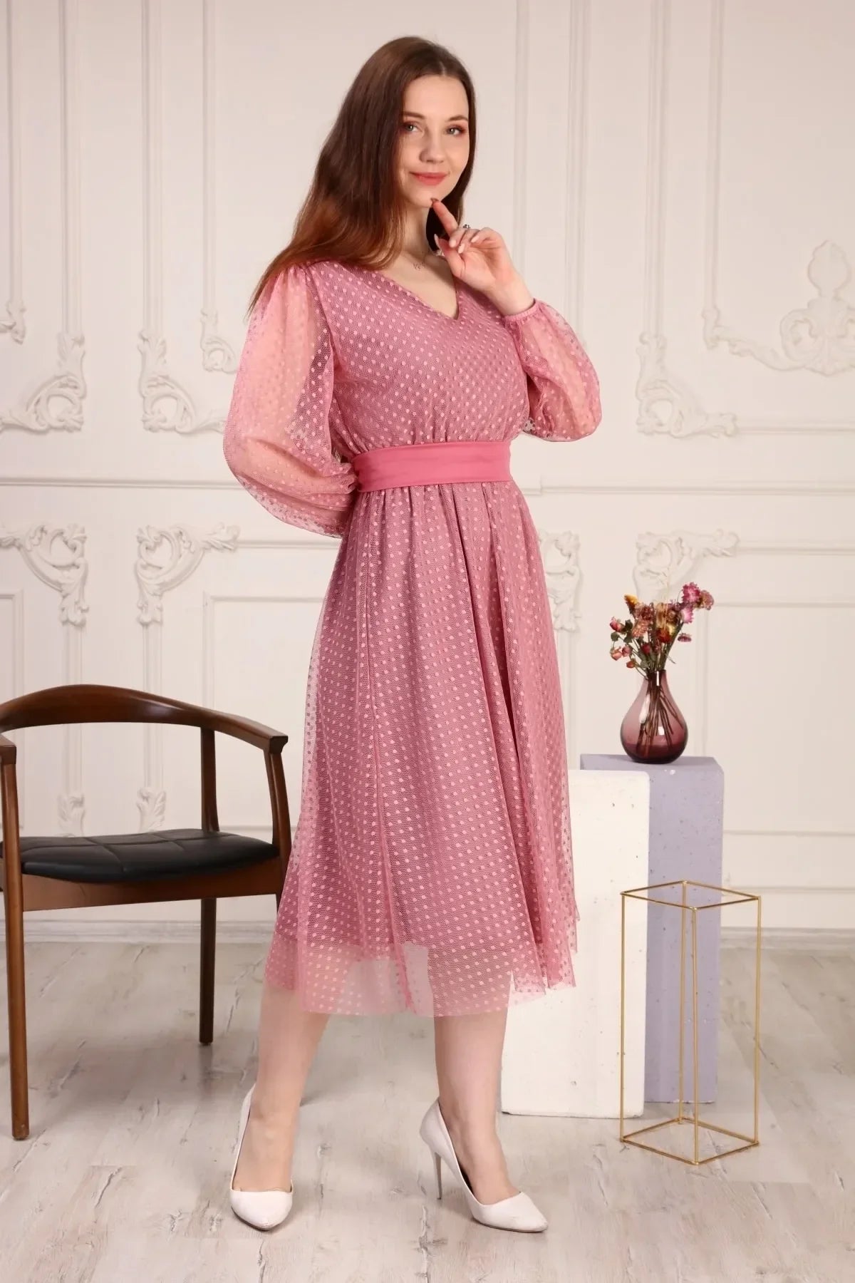 Women's Powder Pink Puantiyeli Belted Tütü Plus Size Dress