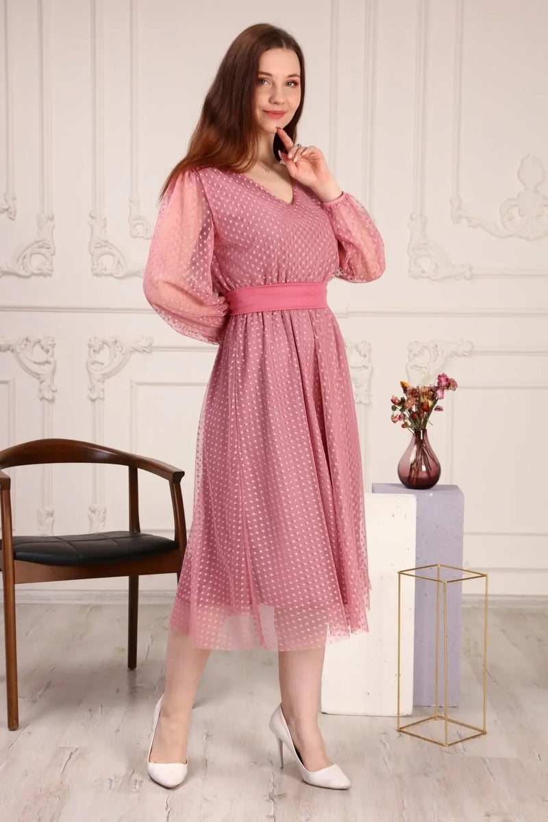 Women's Powder Pink Puantiyeli Belted Tütü Plus Size Dress