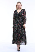Black Floral Midi Chiffon Dress