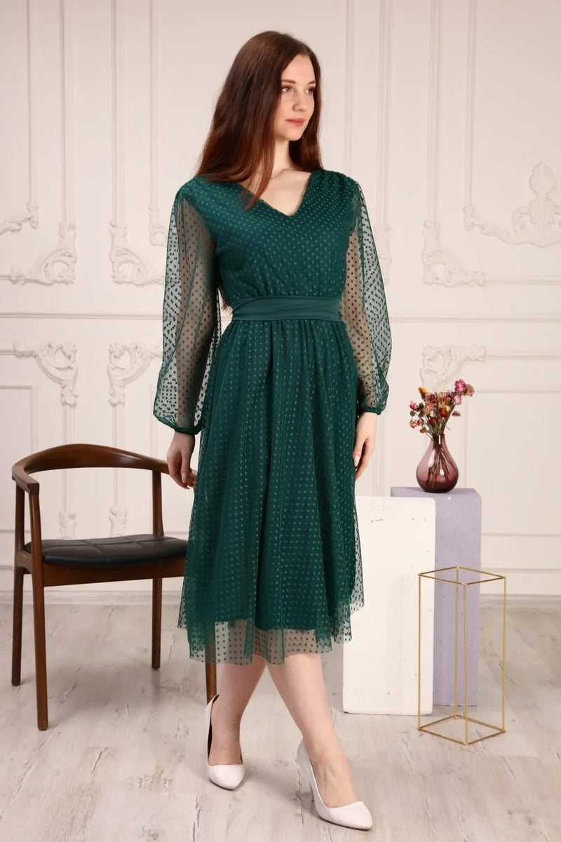 Women's Emerald Green Puantiyeli Belted Tütü Plus Size Dress