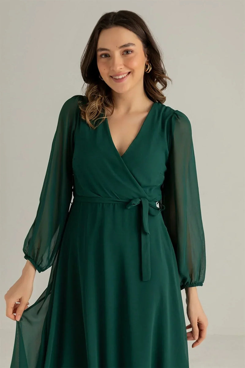 Women's Emerald Green Balloon Sleeve Wrap Midi Chiffon Dress