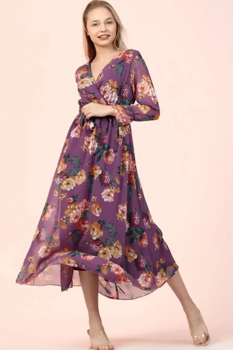 Women's Purple Floral Wrap Neck Chiffon Plus Size Dress