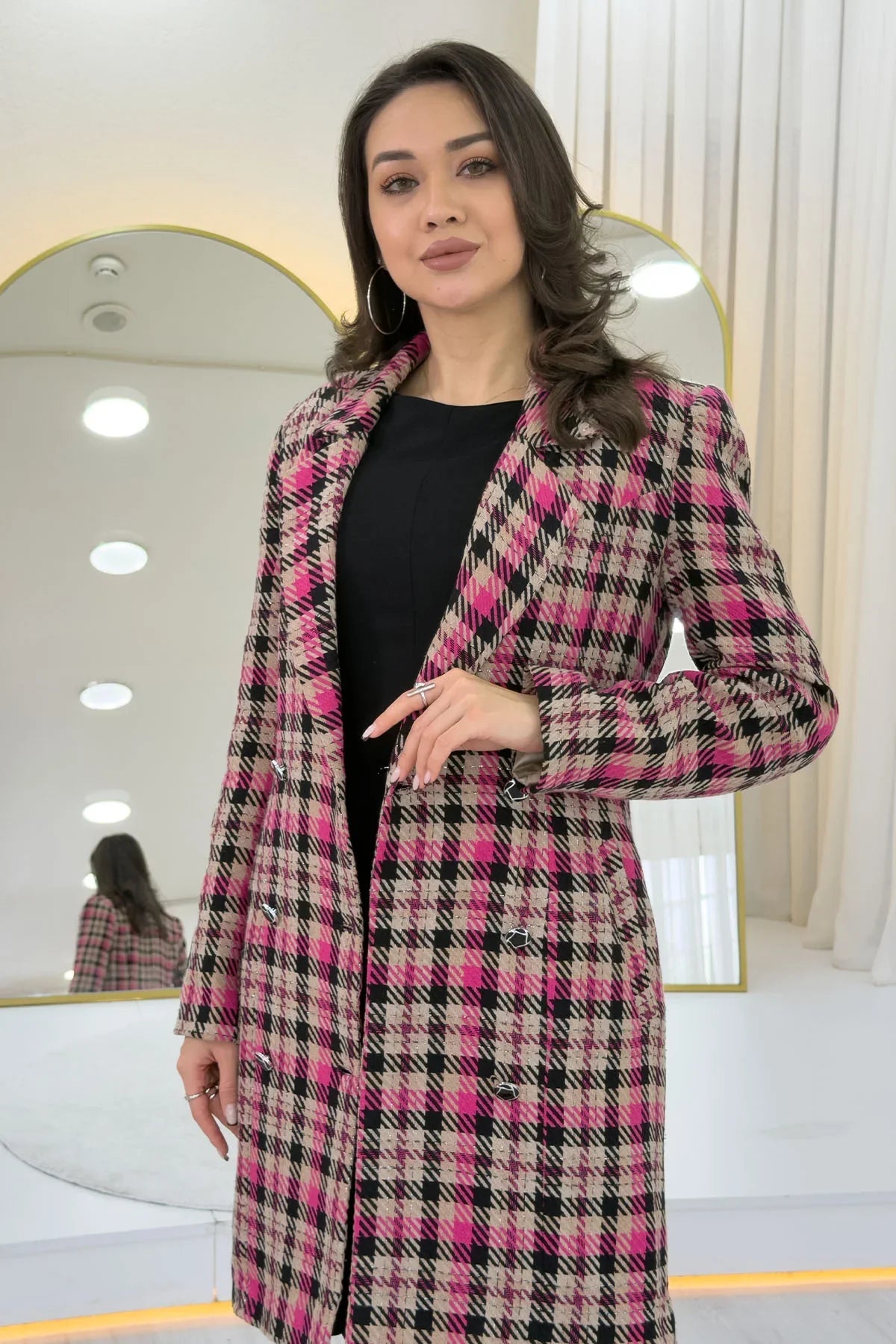 Women's Pink Plaid Buttoned Wrap Wool Blend Coat