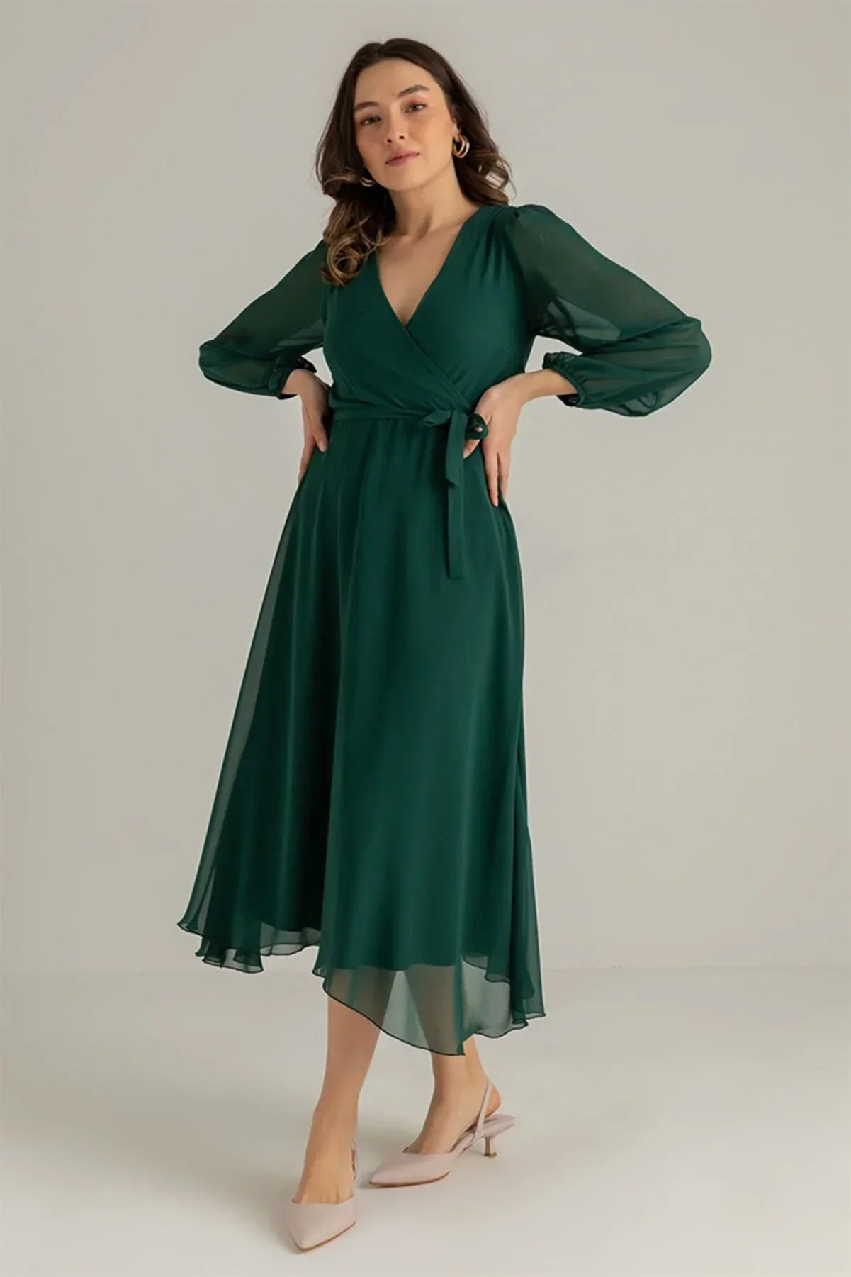 Women's Emerald Green Balloon Sleeve Wrap Midi Chiffon Dress