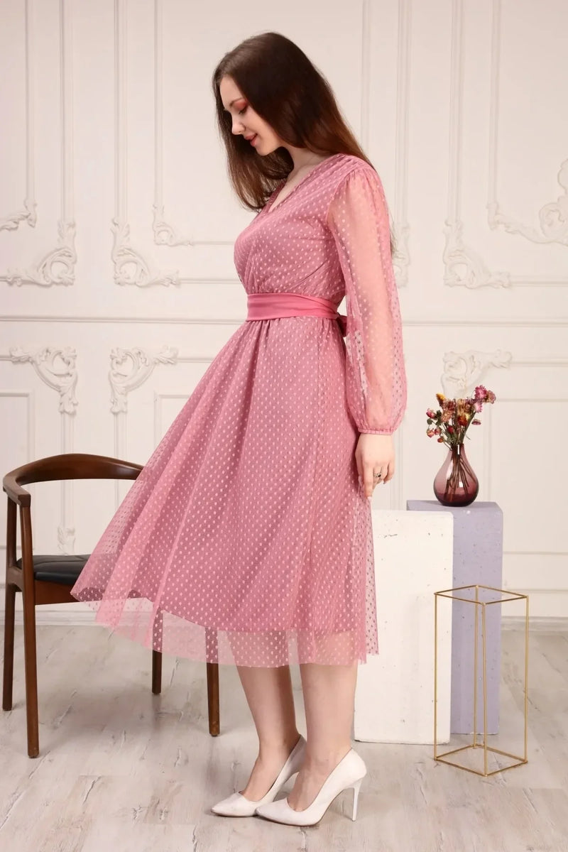 Women's Powder Pink Puantiyeli Belted Tütü Plus Size Dress