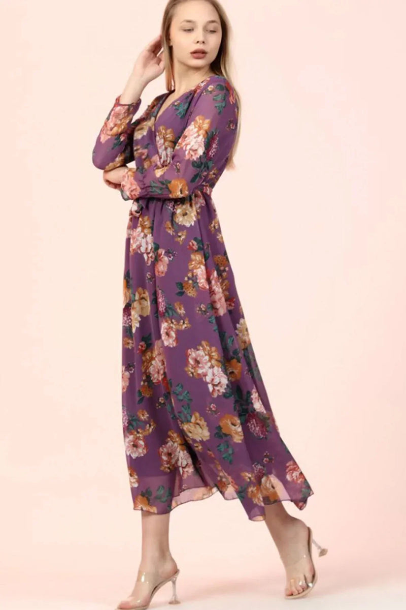 Women's Purple Floral Wrap Neck Chiffon Plus Size Dress
