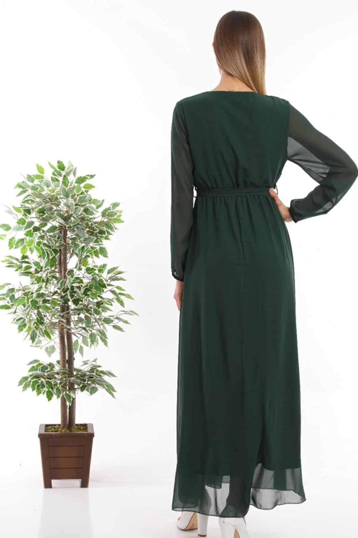 Women's Emerald Green Wrap Neck Belted Plus Size Chiffon Maxi Dress