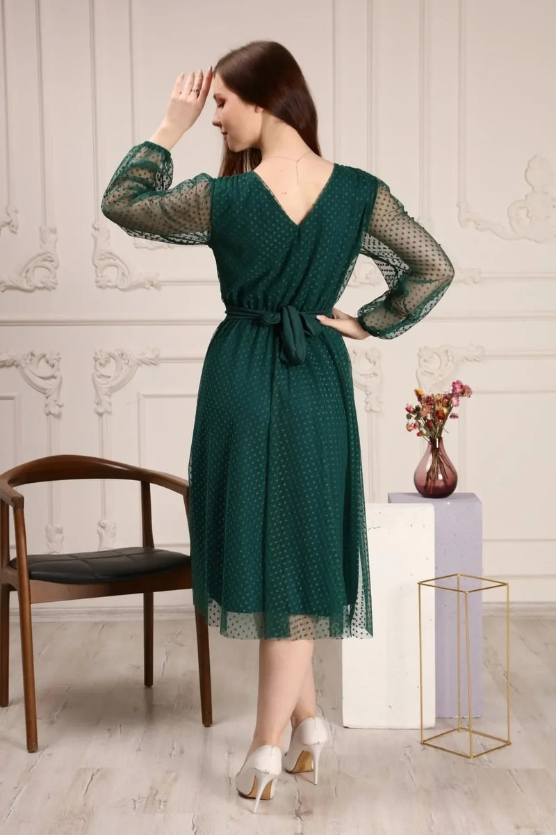 Women's Emerald Green Puantiyeli Belted Tütü Plus Size Dress