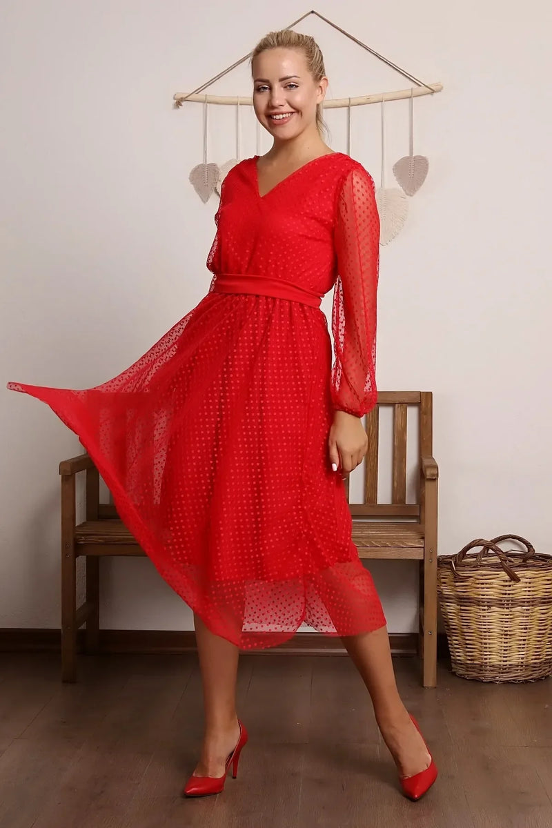 Women's Red Puantiyeli Belted Tütü Plus Size Dress