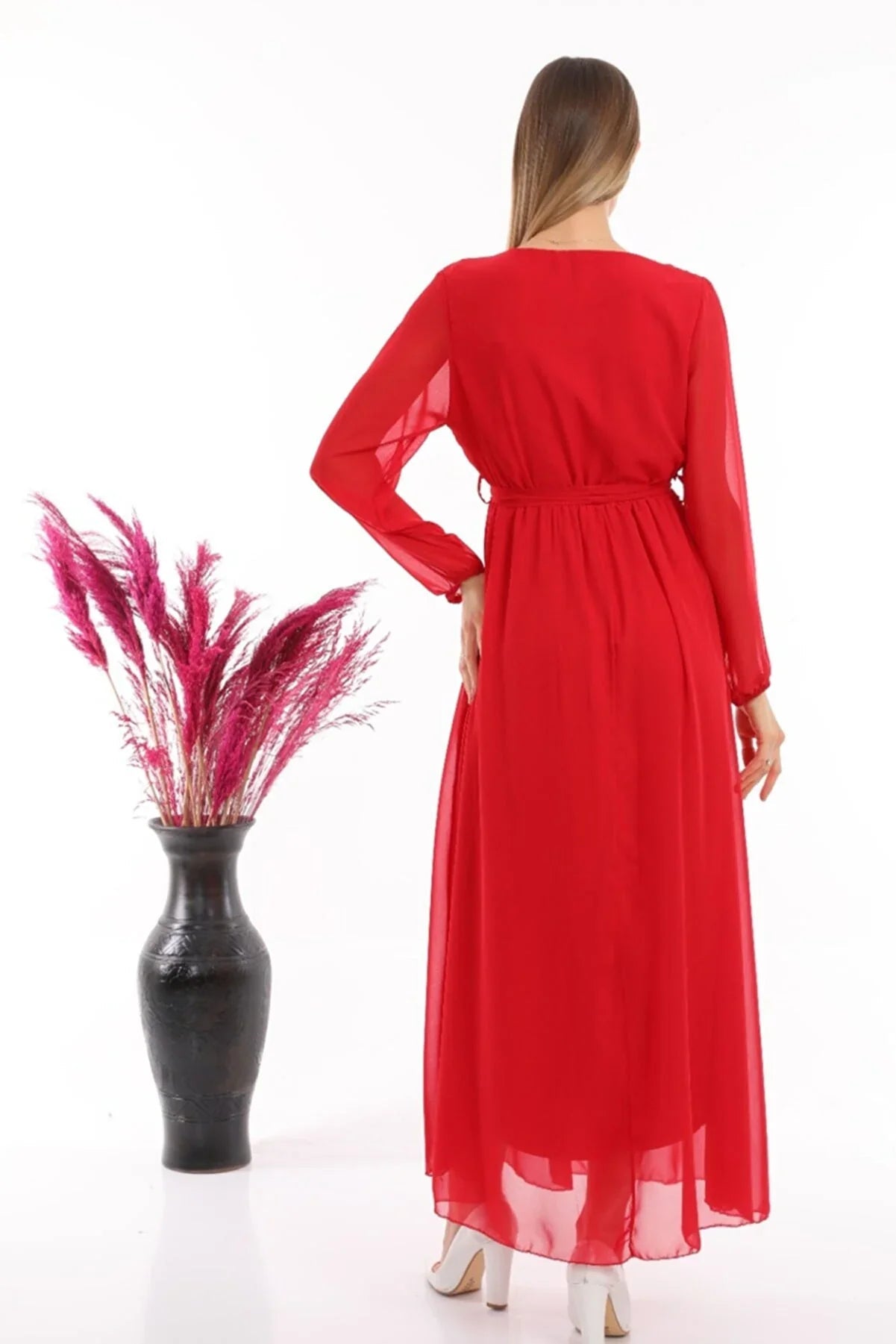 Women's Red Wrap Neck Belted Plus Size Chiffon Maxi Dress