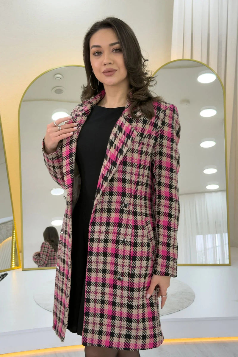 Women's Pink Plaid Buttoned Wrap Wool Blend Coat