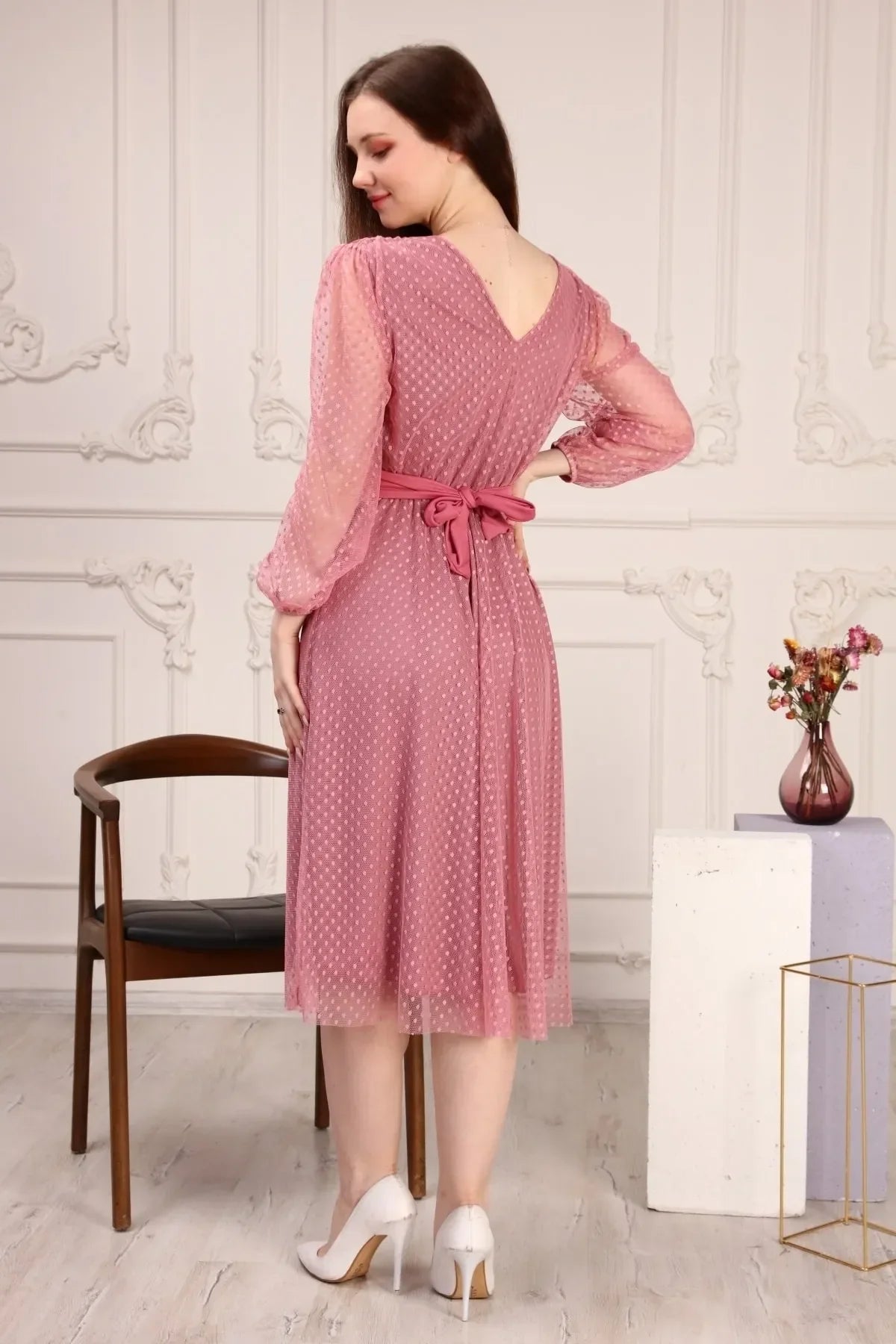 Women's Powder Pink Puantiyeli Belted Tütü Plus Size Dress