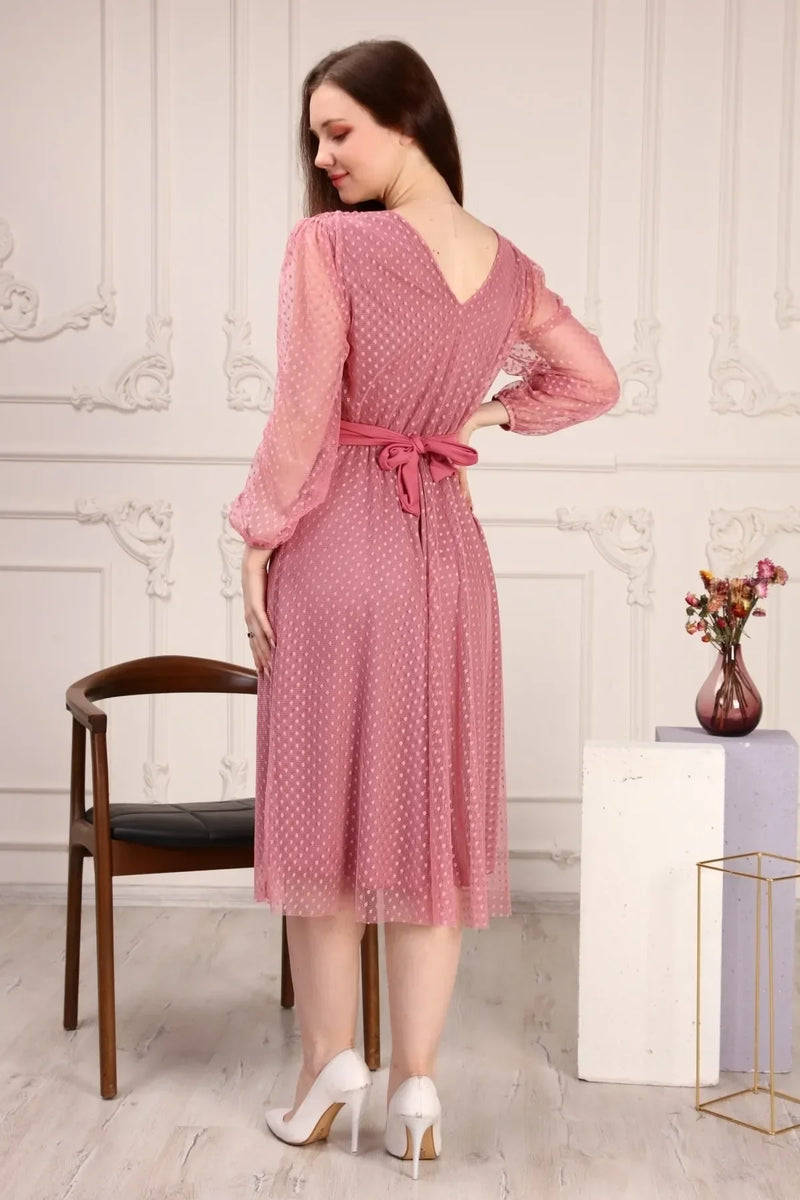 Women's Powder Pink Puantiyeli Belted Tütü Plus Size Dress