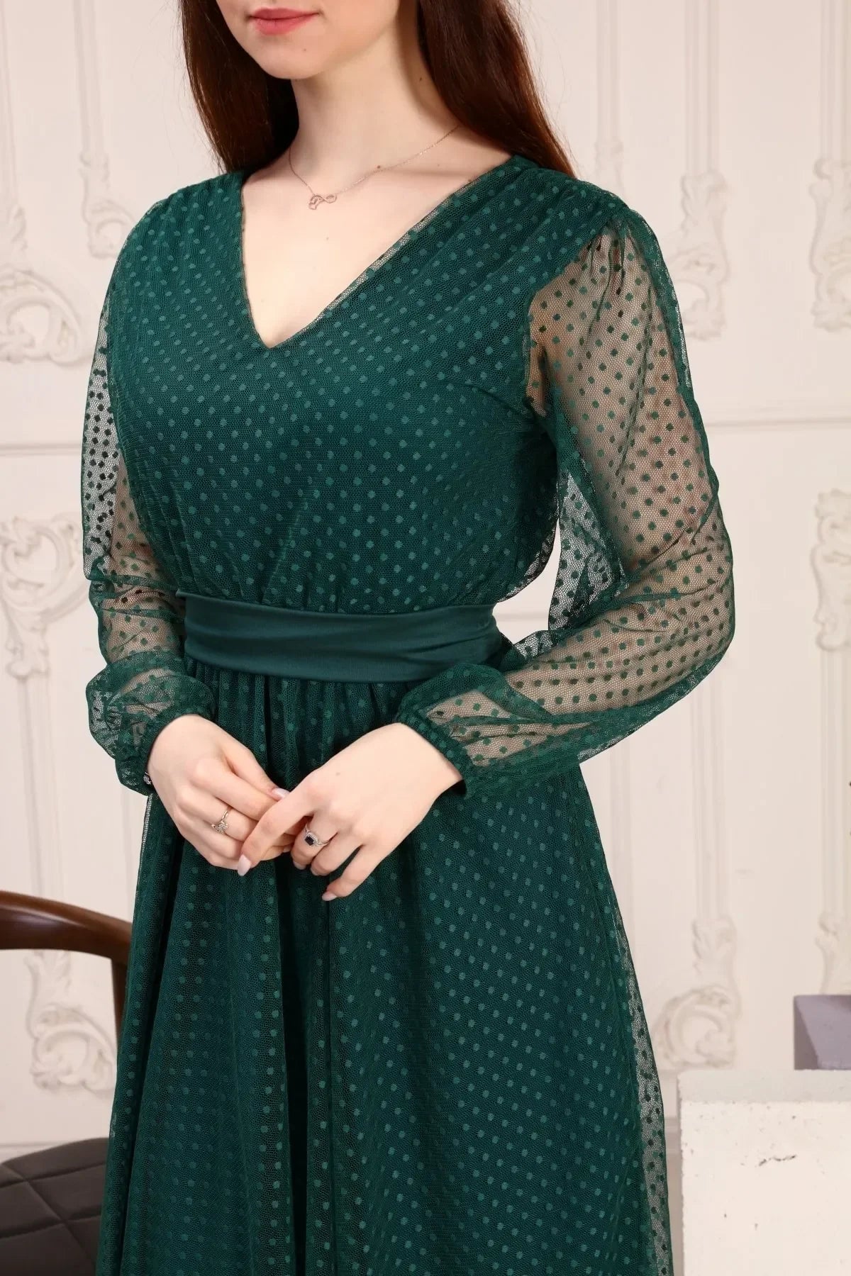 Women's Emerald Green Puantiyeli Belted Tütü Plus Size Dress
