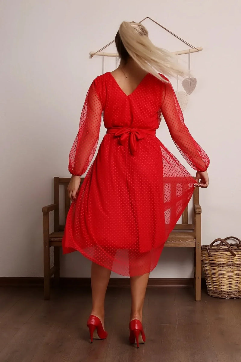 Women's Red Puantiyeli Belted Tütü Plus Size Dress
