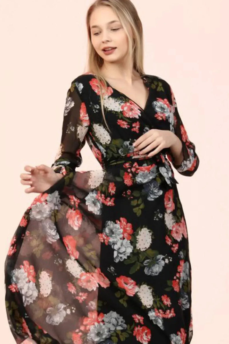 Women's Black Floral Wrap Neck Chiffon Plus Size Dress