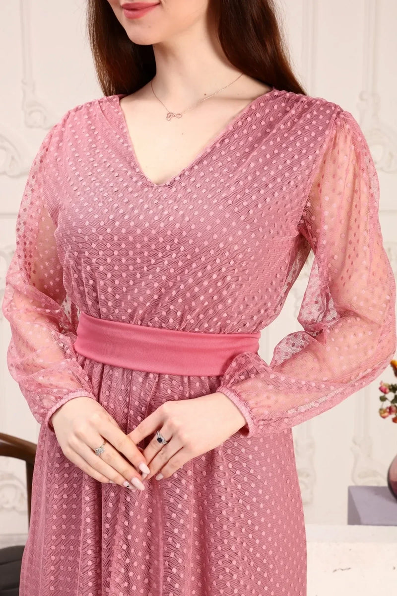 Women's Powder Pink Puantiyeli Belted Tütü Plus Size Dress