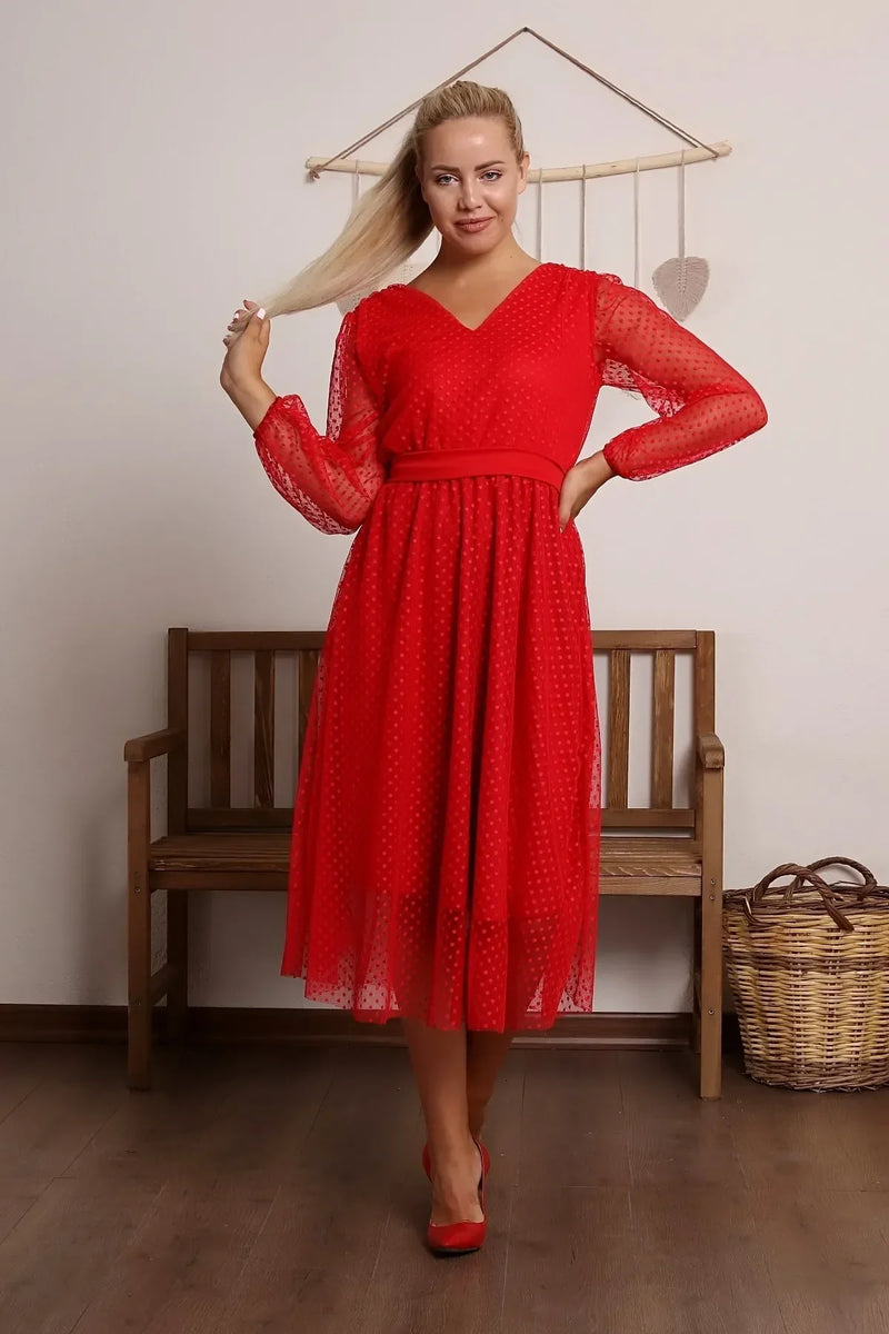 Women's Red Puantiyeli Belted Tütü Plus Size Dress