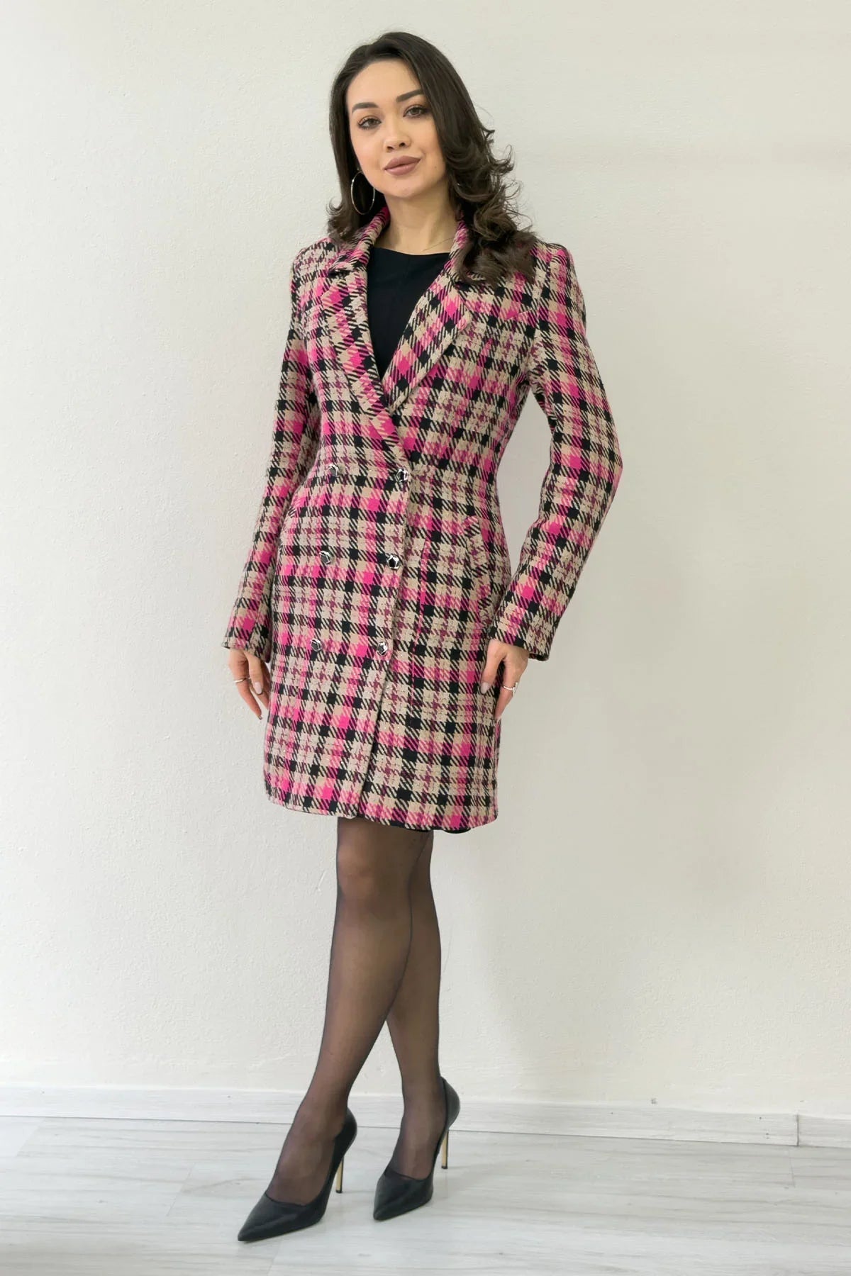 Women's Pink Plaid Buttoned Wrap Wool Blend Coat