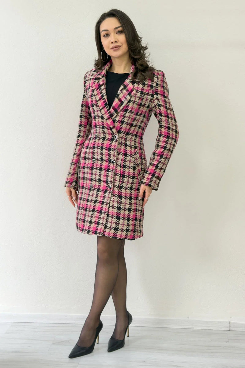 Women's Pink Plaid Buttoned Wrap Wool Blend Coat