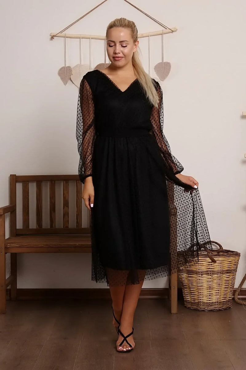 Women's Black Puantiyeli Belted Tütü Plus Size Dress