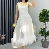 White Strap Flared Skirt Tulle Detail Midi-Lenght Evening Dress