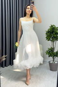 White Strap Flared Skirt Tulle Detail Midi-Lenght Evening Dress