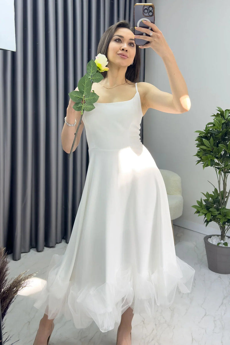 Women's White Strap Flared Skirt Ucu Tulle Detail Midi Evening Gown