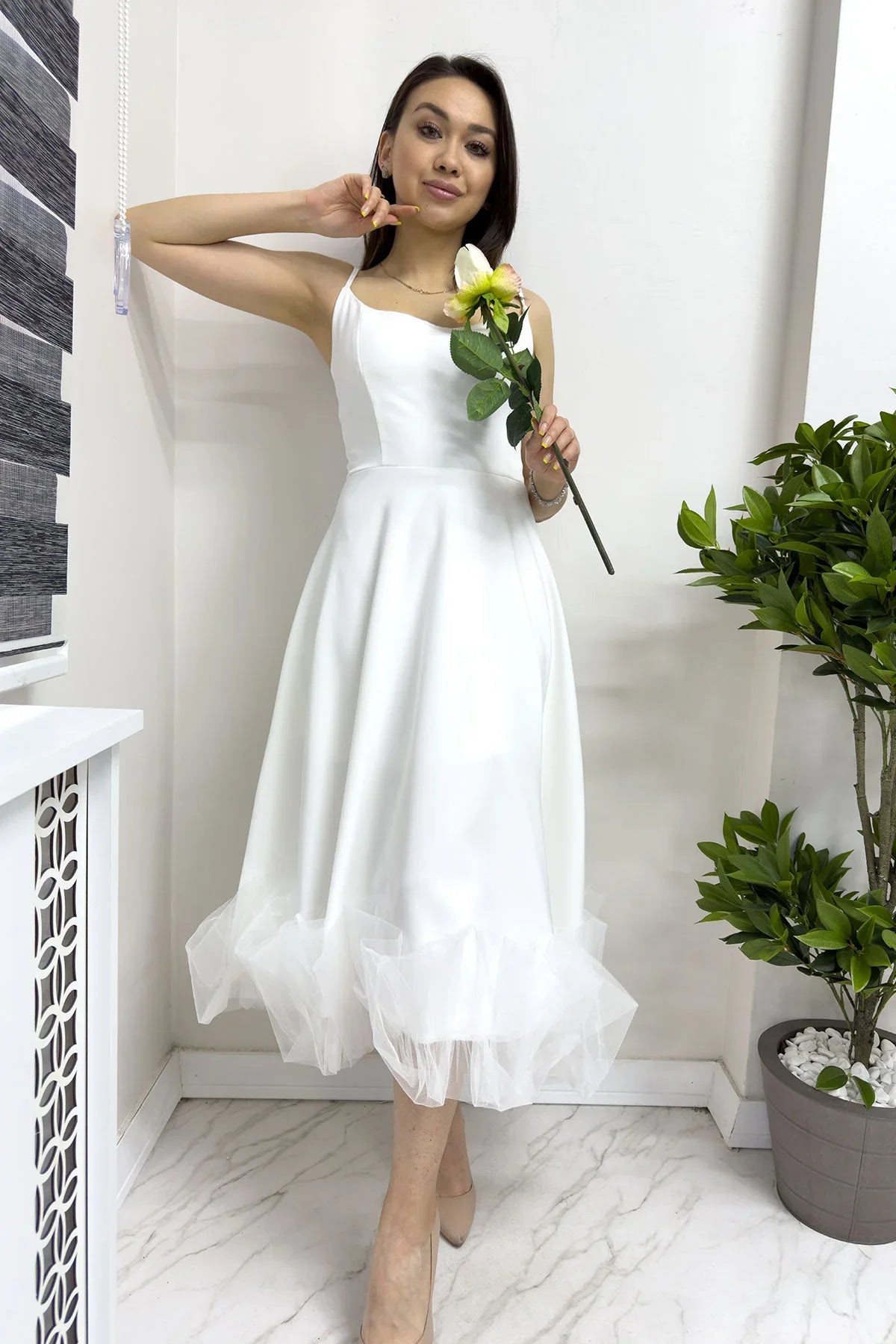 Women's White Strap Flared Skirt Ucu Tulle Detail Midi Evening Gown