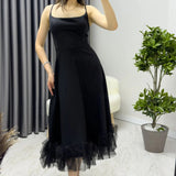 Black Strap Flared Skirt Tulle Detail Midi-Lenght Evening Dress