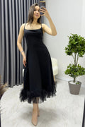 Black Strap Flared Skirt Tulle Detail Midi-Lenght Evening Dress