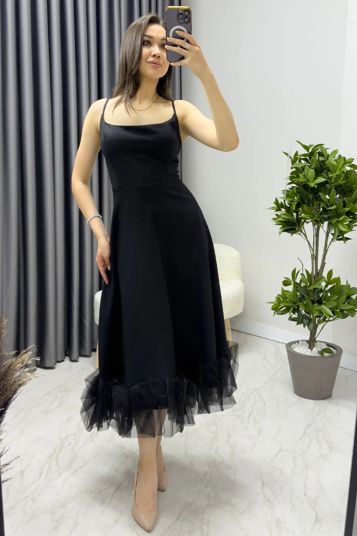 Women's Black Strap Flared Skirt Ucu Tulle Detail Midi Evening Gown
