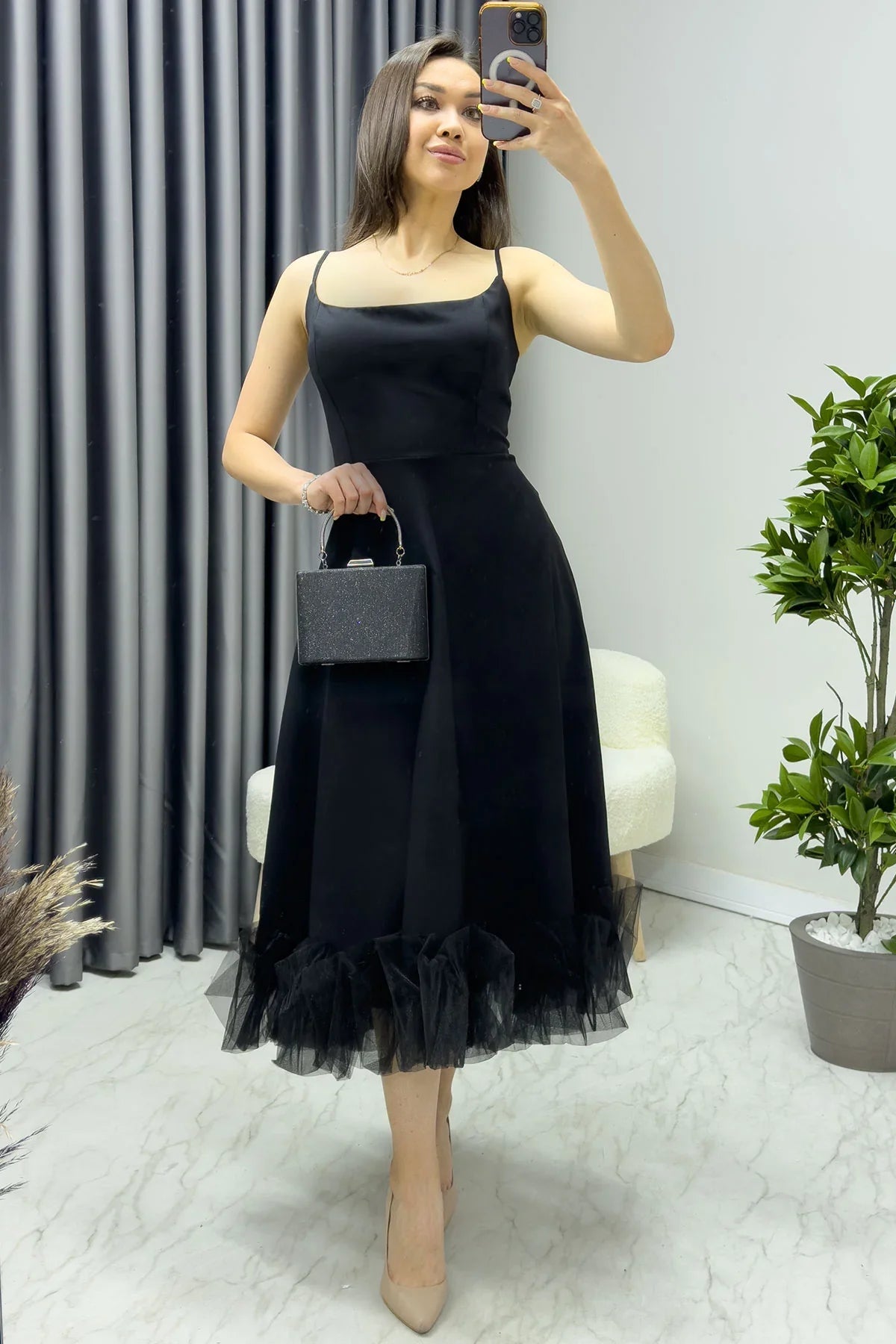 Women's Black Strap Flared Skirt Ucu Tulle Detail Midi Evening Gown