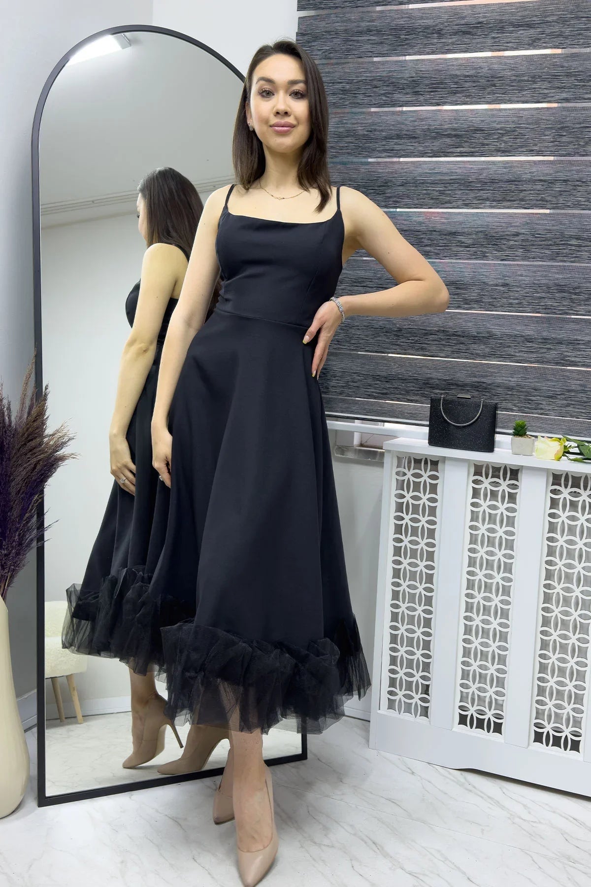 Women's Black Strap Flared Skirt Ucu Tulle Detail Midi Evening Gown