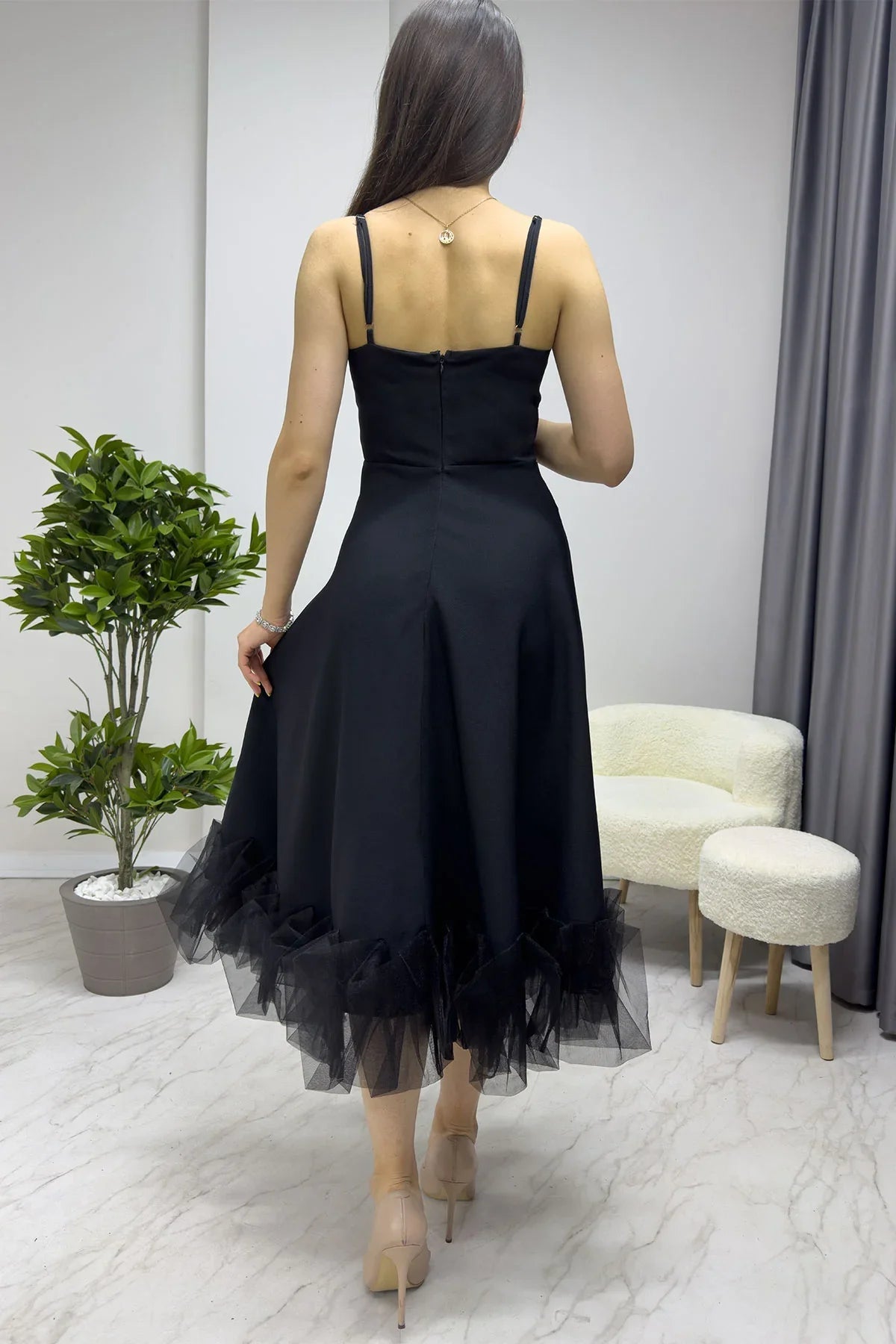 Women's Black Strap Flared Skirt Ucu Tulle Detail Midi Evening Gown