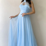 Baby Blue Sleeveless Tulle Maxi Evening Dress