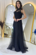 Black Sleeveless Tulle Maxi Evening Dress