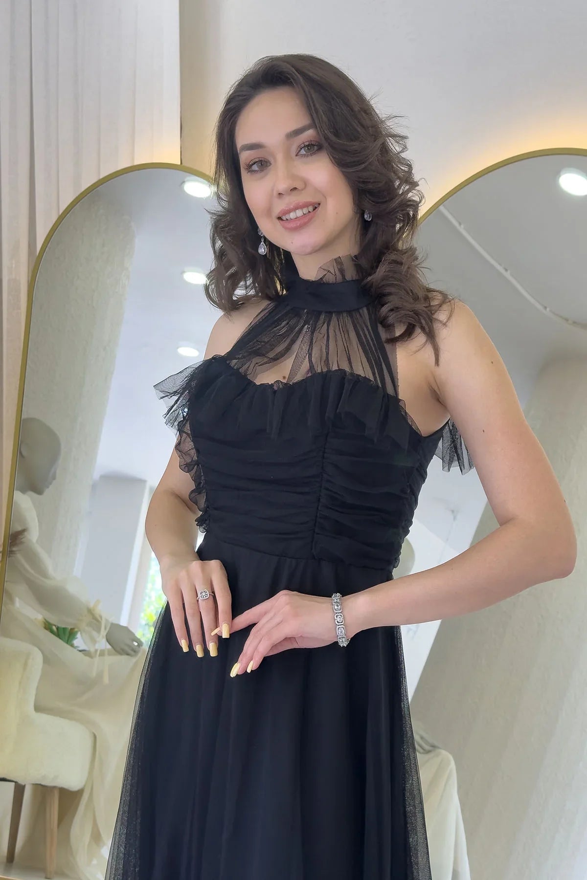 Women's Black Draped Sleevesuz Tulle Evening Gown