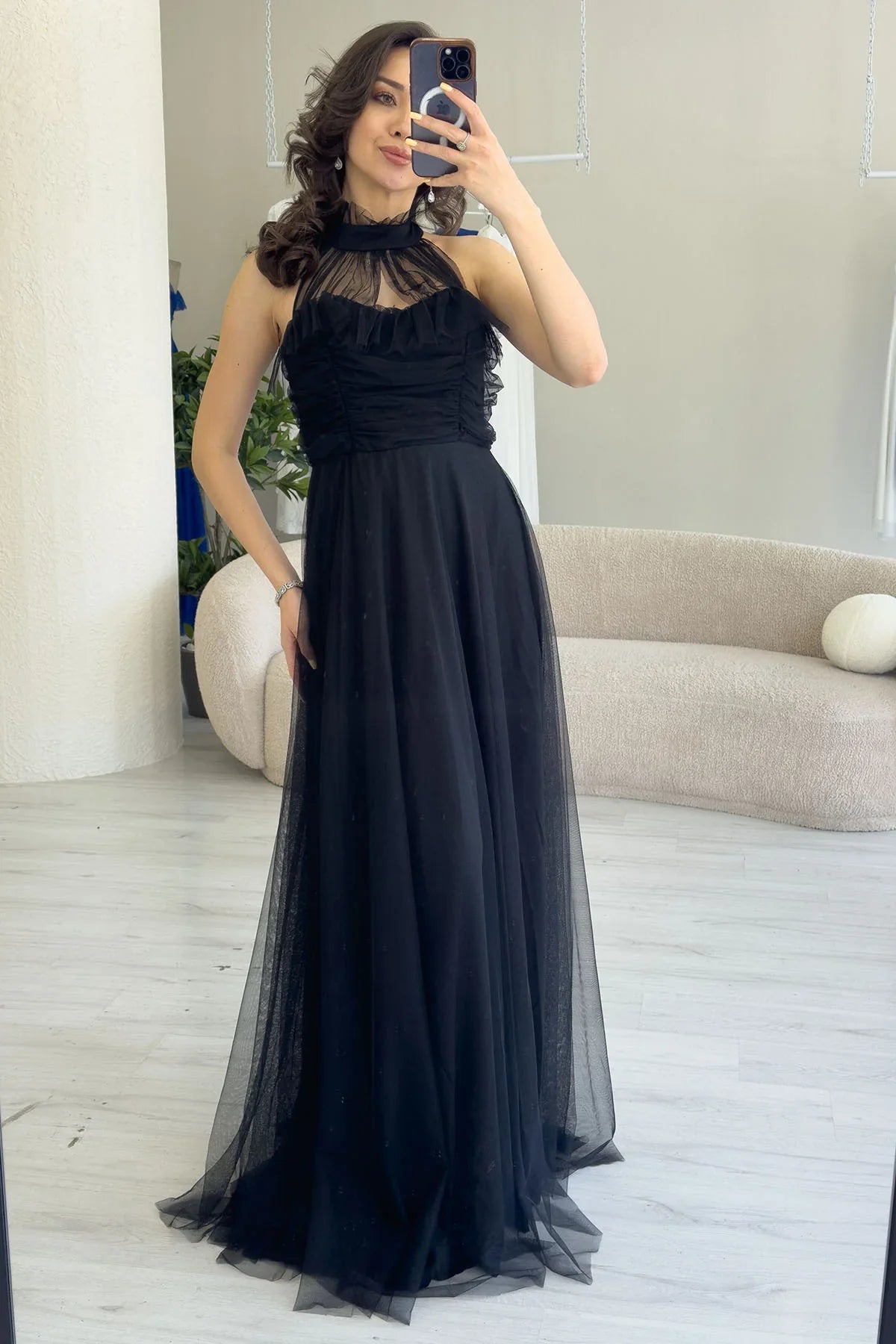 Women's Black Draped Sleevesuz Tulle Evening Gown