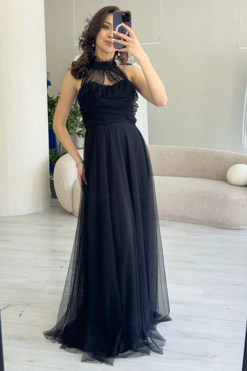 Women's Black Draped Sleevesuz Tulle Evening Gown